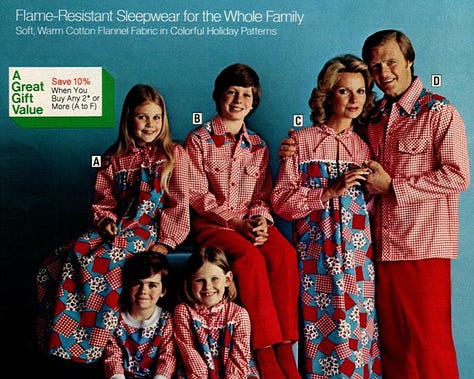 1970s families wearing matching Christmas pajamas in garish patterns