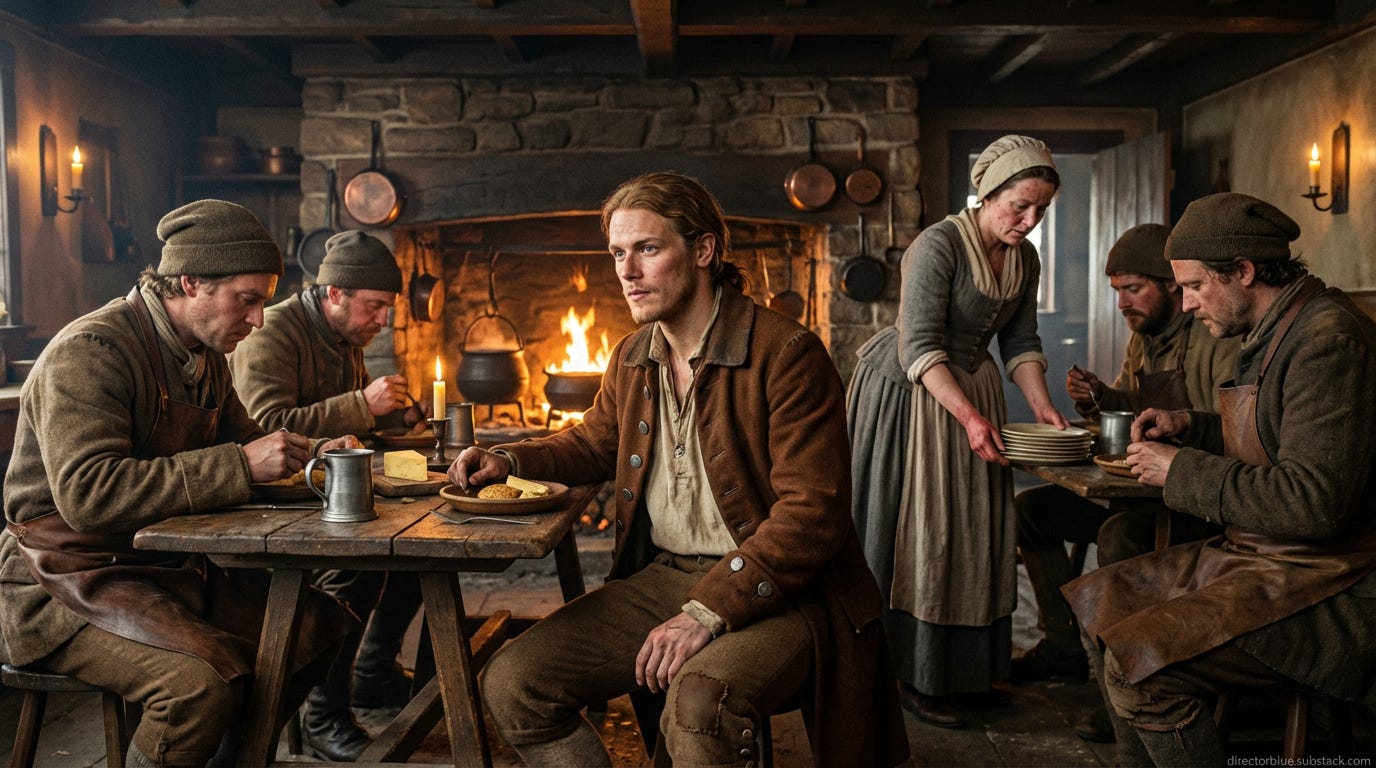 Photorealistic 169 cinematic photograph early morning interior colonial tavern kitchen Boston December 1773 Warm firelight from massive walk-in hearth with iron cooking implements copper pots A young man aged 19 lean wiry build 57 sandy brow_image_1