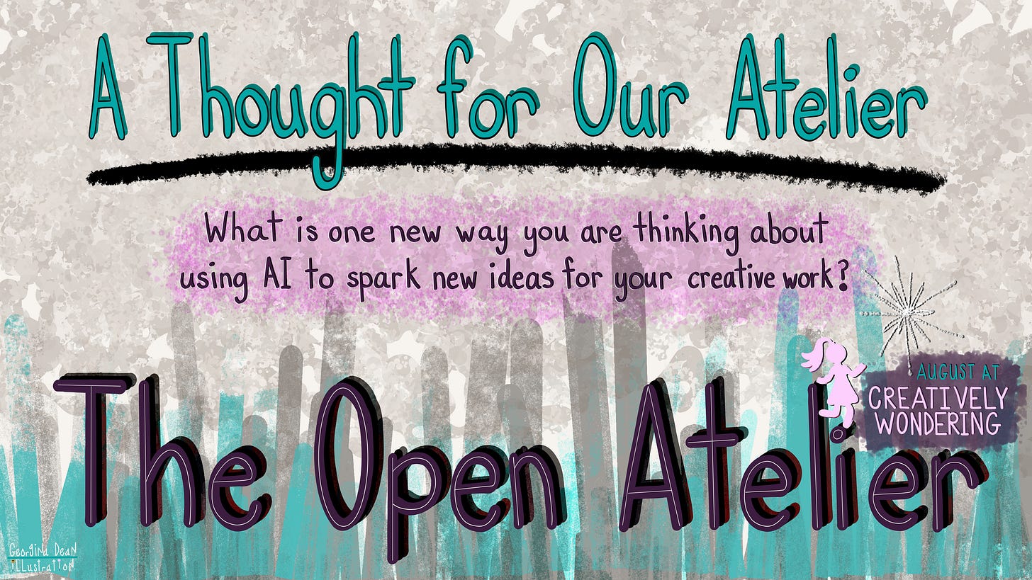 A promotional graphic for a "Creatively Wondering" community thread. The title reads 'A Thought for Our Atelier,' and the question, 'What is one new way you are thinking about using AI to spark new ideas for your creative work?' is displayed over a purple and teal abstract background.