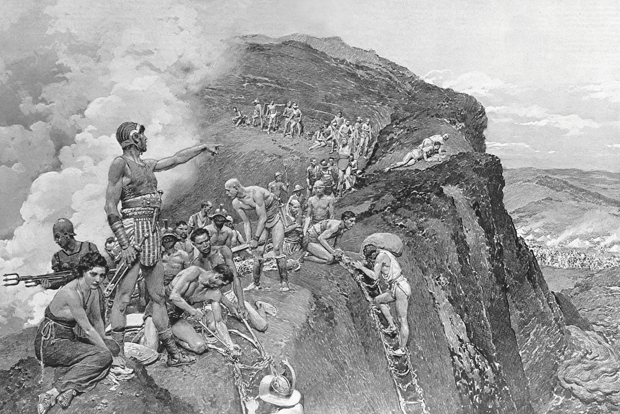 Illustration of Spartacus, the escaped gladiator who became a leader in the Third Servile War, and his comrades using vines to abseil down the slopes of Mount Vesuvius in preparation of a surprise attack.