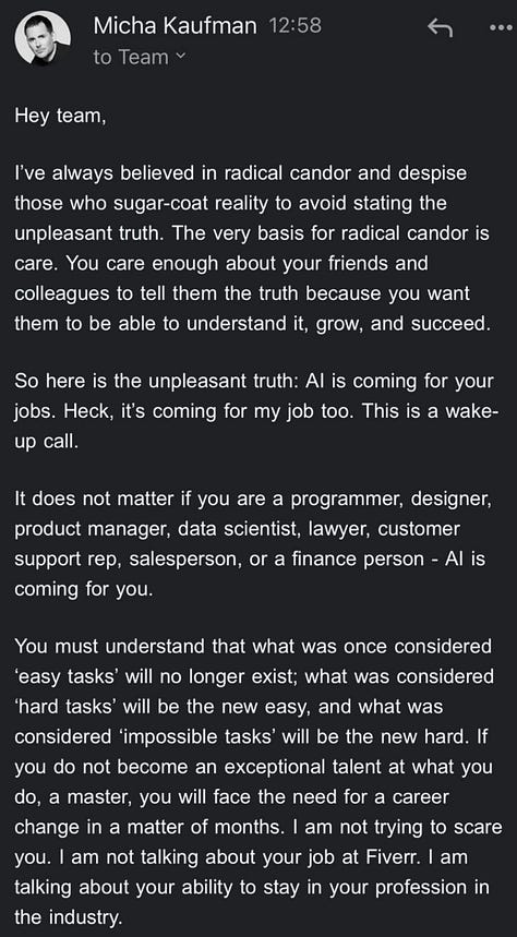 The images are screenshots of an X post by Micha Kaufman talking about his vision for how AI will impact the workplace.
