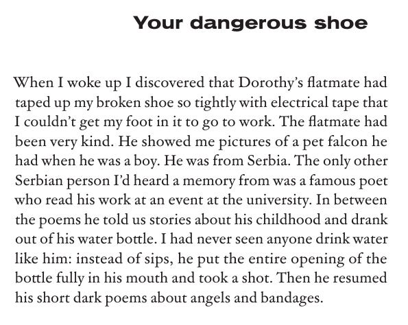 Your dangerous shoe When I woke up I discovered that Dorothy’s flatmate had  taped up my broken shoe so tightly with electrical tape that  I couldn’t get my foot in it to go to work. The flatmate had  been very kind. He showed me pictures of a pet falcon he  had when he was a boy. He was from Serbia. The only other  Serbian person I’d heard a memory from was a famous poet  who read his work at an event at the university. In between  the poems he told us stories about his childhood and drank  out of his water bottle. I had never seen anyone drink water  like him: instead of sips, he put the entire opening of the  bottle fully in his mouth and took a shot. Then he resumed  his short dark poems about angels and bandages.