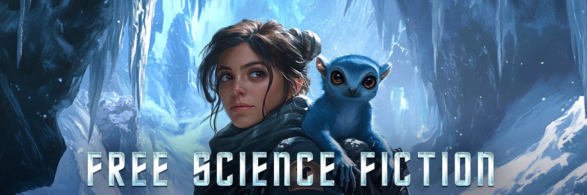 Woman with brown hair and a small alien creature exploring an icy alien world. Alien looking at camera and woman looking off to the side.