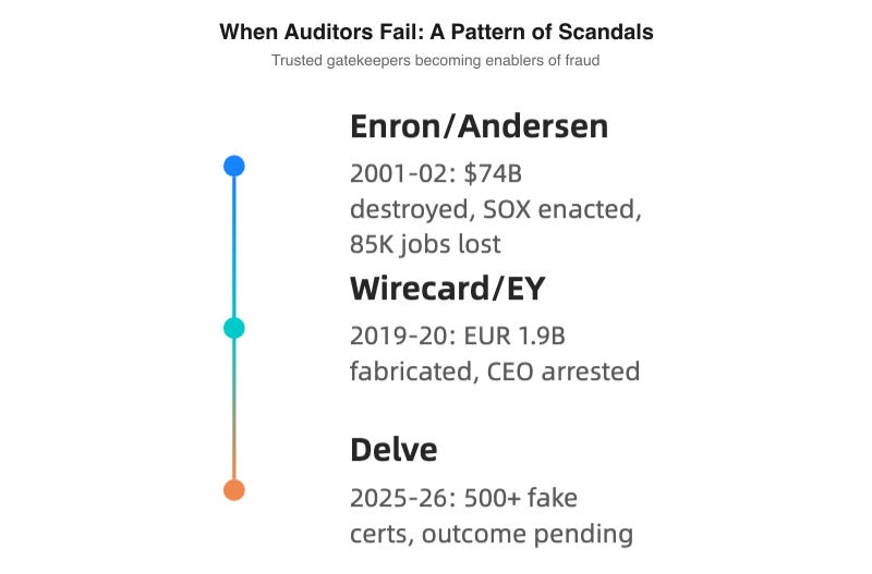 Three auditor failure scandals: Enron, Wirecard, and Delve