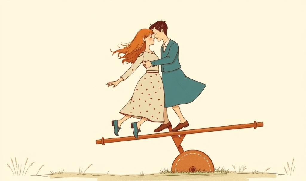 an illustrated couple (red-haired woman in a polka-dot dress and man in a teal coat) kissing while balancing on a relationship sea-saw an illustrated couple (red-haired woman in a polka-dot dress and man in a teal coat) kissing while balancing on a relationship sea-saw