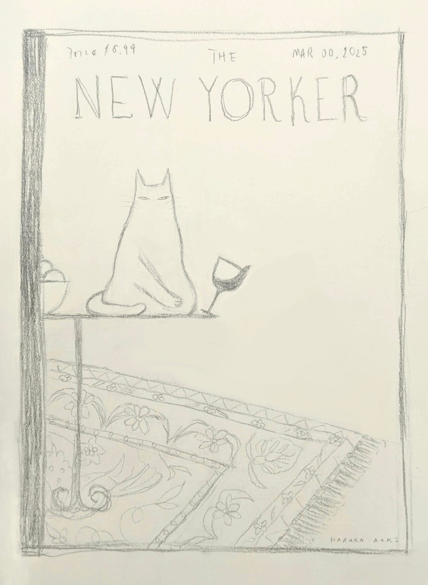 A sketch of a New Yorker cover featuring a cat knocking over a full wine glass. 