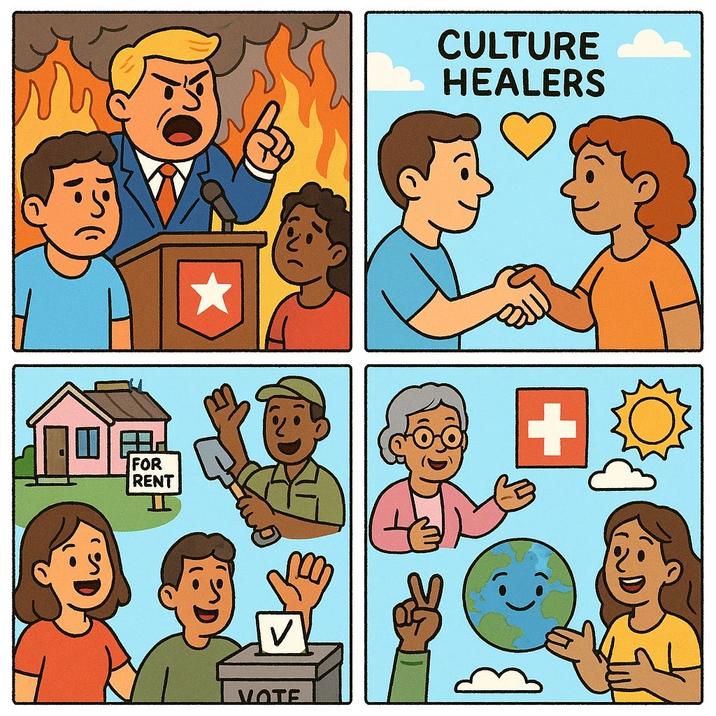 A colorful four-panel cartoon illustrates a contrast between political extremism and progressive healing.  Top left panel: A blonde man in a suit angrily shouts from a podium with a red star emblem, flames behind him, while two sad-looking young people stand in front. Top right panel: A man and woman smile and shake hands with a heart above them. The words “Culture Healers” appear above in black text. Bottom left panel: Three people happily engage in civic life: a woman stands in front of a house marked “For Rent,” a man with a shovel waves, and another person votes at a ballot box. Bottom right panel: A group celebrates global healing: an elderly woman gestures beside a medical cross, a hand makes a peace sign below a smiling Earth, and a woman gestures toward the sun and sky.  The panels reflect themes of hope, collaboration, housing, labor, healthcare, voting, peace, and climate action.