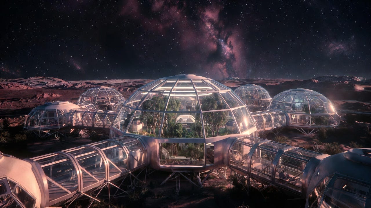 A documentary image of a futuristic space habitat with transparent domes on a barren planet, under a starry sky.