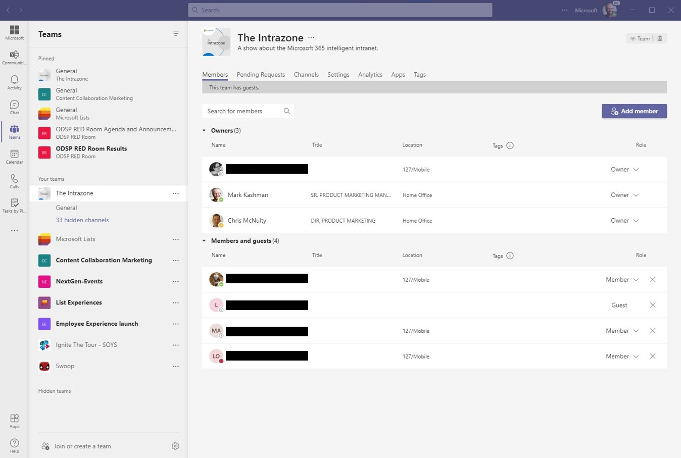 Screenshot of Microsoft Teams showing managing owners, members and guest who have access to the team. Screenshot of Microsoft Teams showing managing owners, members and guest who have access to the team.