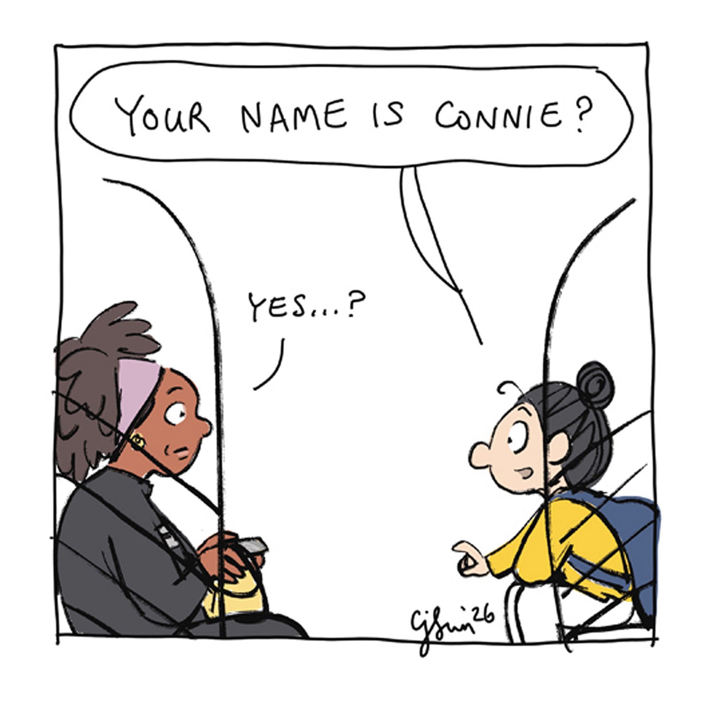 Panel 2/12 of a two-page diary comic about an encounter on a New York City subway in which Connie meets another Connie. Titled "City Diary, July 2026," by Connie Sun, cartoonconnie.