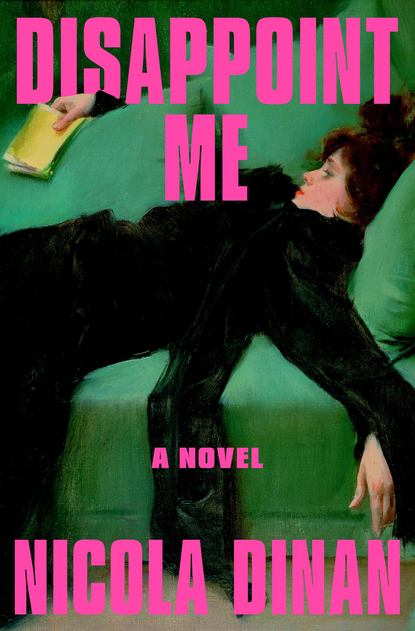 Painted portrait of a young woman wearing all-black lying on a green couch and holding a yellow book. The book's title and author are written in bold pink lettering.