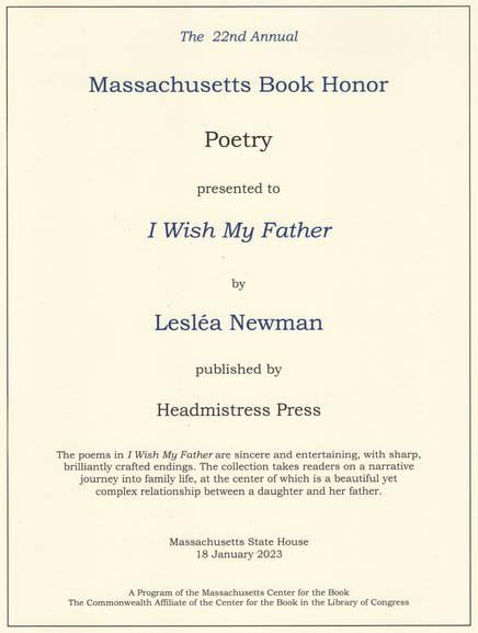 Massachusetts Book Honor for Poetry, presented to I Wish My Father by Lesléa Newman
