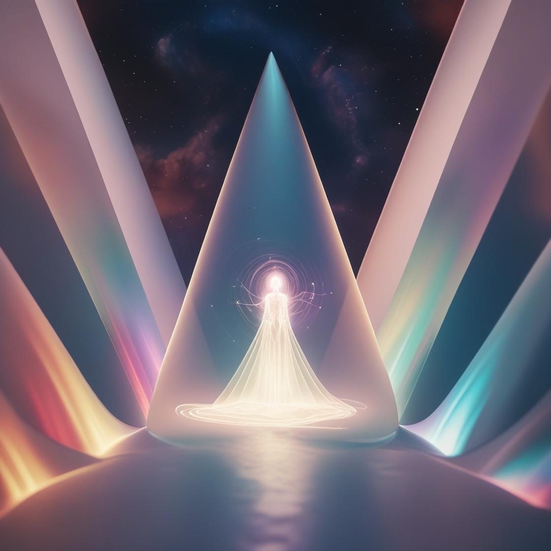 Abstract geometric visualization of past and future light cones intersecting, with a glowing figure at the center, colorful streams of light flowing upward and downward, cosmic void in between representing the elsewhere