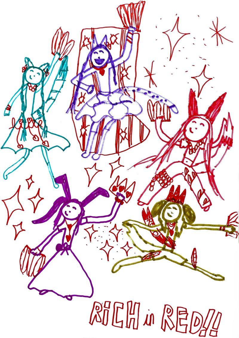 A child's drawing of the 5 girls wearing red jewels