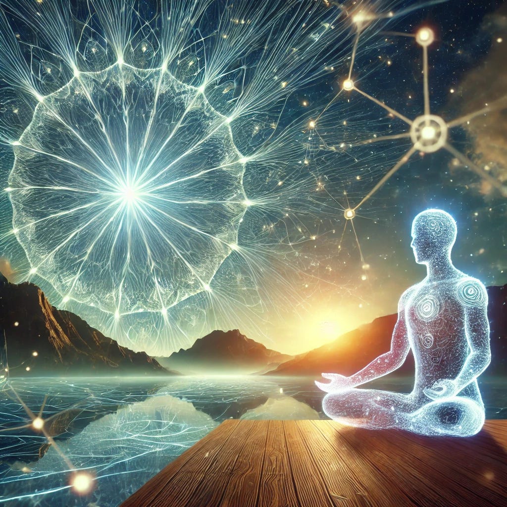 A serene and futuristic representation of the intersection of generative AI and spiritual science. The image shows a glowing, intricate neural network pattern overlaying a calm, meditative landscape. In the background, a figure in a meditative pose is surrounded by light, symbolizing spiritual awareness and the harmony between advanced technology and inner peace. The scene combines elements of nature, technology, and spirituality, with a peaceful aura of wisdom and enlightenment.