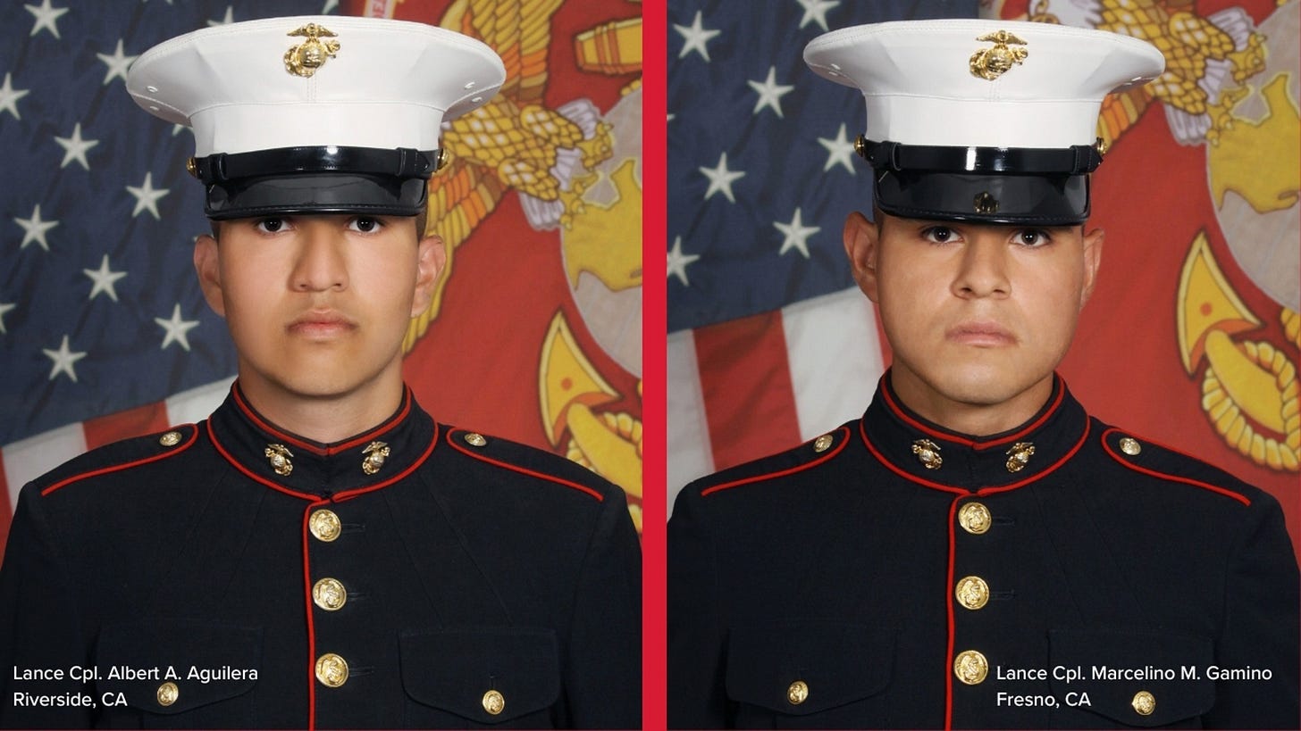 Lance Cpl. Albert A. Aguilera, 22, of Riverside, California, and Lance Cpl. Marcelino M. Gamino, 28, of Fresno, California were killed in a Marine Convoy accident in New Mexico on April 5, 2025
