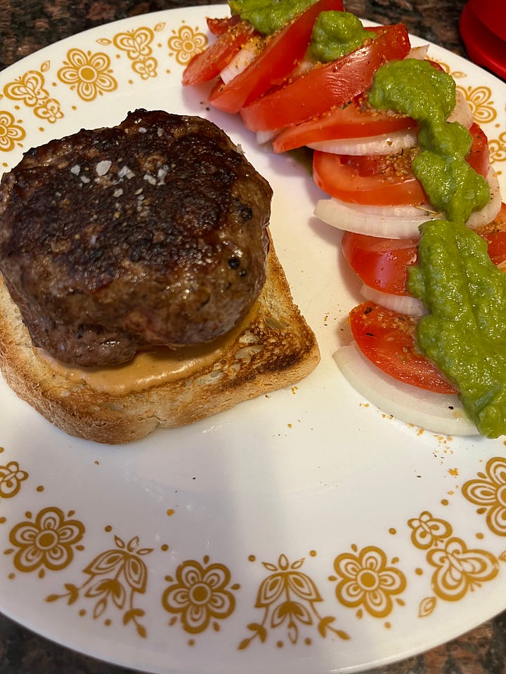 Two pages from Elizabeth Taylor cookbook and images of prepared tuna salad and a hamburger