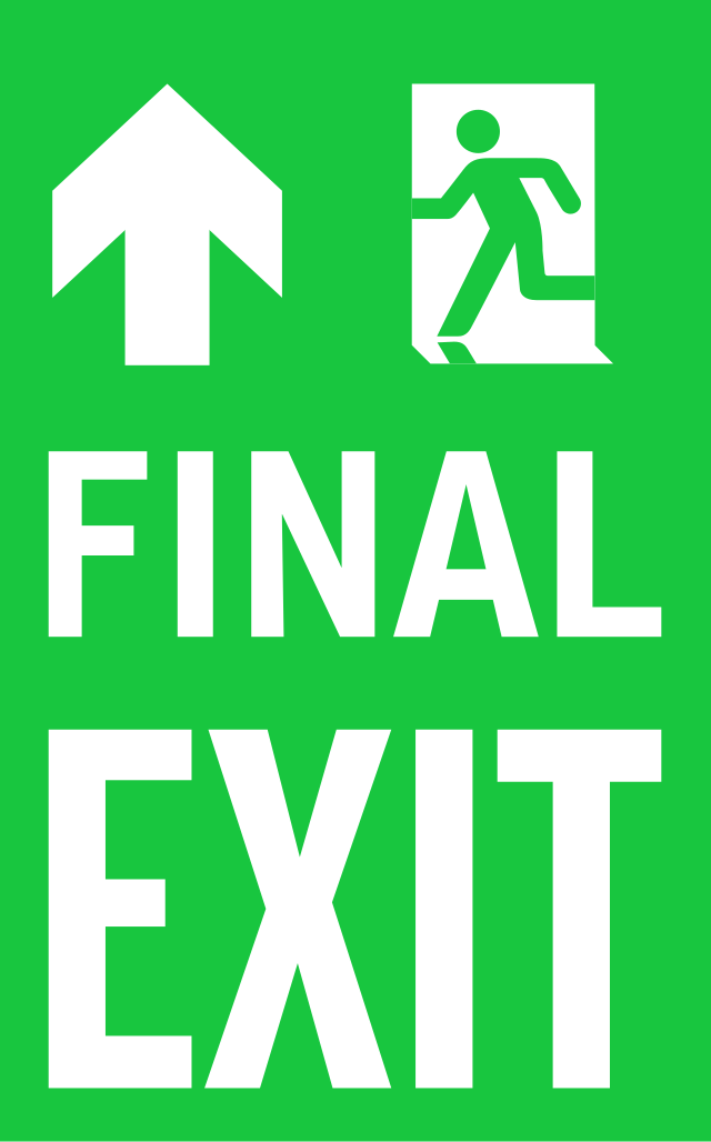 green building sign which says "final exit" with an arrow pointing up