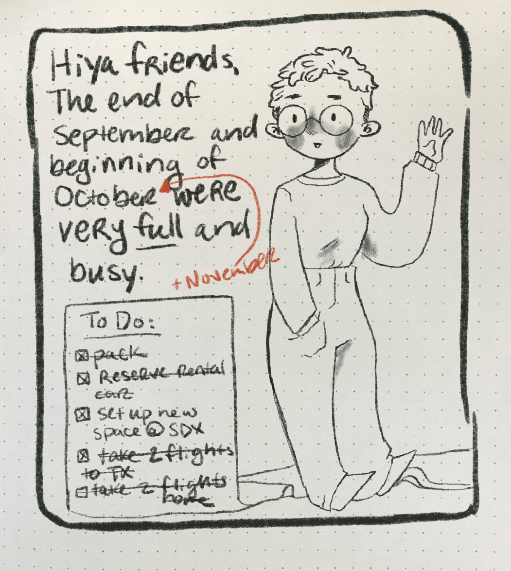 A comic that reads "hiya friends, the end of Septemeber and beginning of October (+ November) were very full and busy."