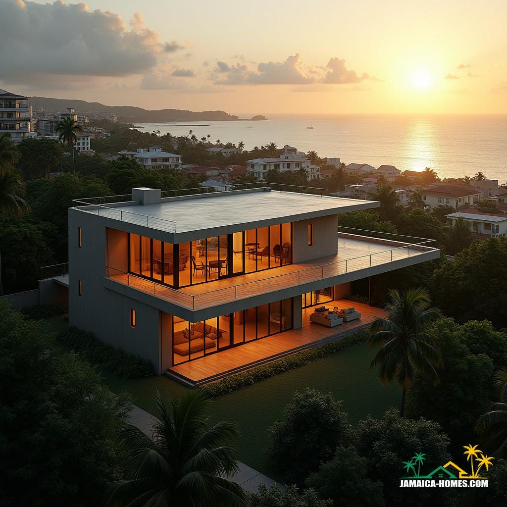 A sleek, modern passive house with a flat roof and large windows, set amidst the vibrant cityscape of Kingston, Jamaica, with the Caribbean Sea glinting in the distance. The house's façade is clad in warm, earthy tones, blending seamlessly into the lush tropical surroundings. Cinematic lighting casts long shadows across the building's clean lines, emphasizing its sleek, contemporary design. Shot on a virtual V-Raptor XL camera, the image features a subtle film grain, adding a touch of nostalgia and tactility. A gentle vignette draws the viewer's eye to the heart of the scene, while a rich, cinematic color grade imbues the image with a sense of warmth and atmosphere. Post-processing techniques have enhanced the image's textures and depth, creating a visually stunning and immersive experience. Influenced by the moody, atmospheric style of cinematographer Roger Deakins, the lighting is dramatic and evocative, capturing the essence of a Caribbean sunset. With its masterful blend of natural beauty, modern architecture, and cinematic flair, this image is a true masterpiece.
