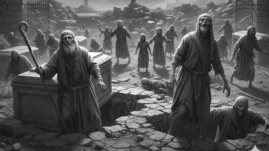 A grayscale illustration of a group of robed figures rising from open graves in a cemetery.