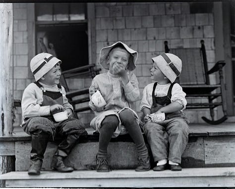 Three photographs--a group of young adults with the Howard boys; the Howard boys with a friend snacking on the porch; a group of adults and children seated on the gunwales of a boat on land eating ice cream cones