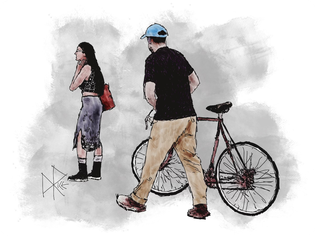 A man pushes his bicycle after a breakdown, as a woman waits at the street corner for the light to change. Sketch art by Don Rice. A man pushes his bicycle after a breakdown, as a woman waits at the street corner for the light to change. Sketch art by Don Rice.