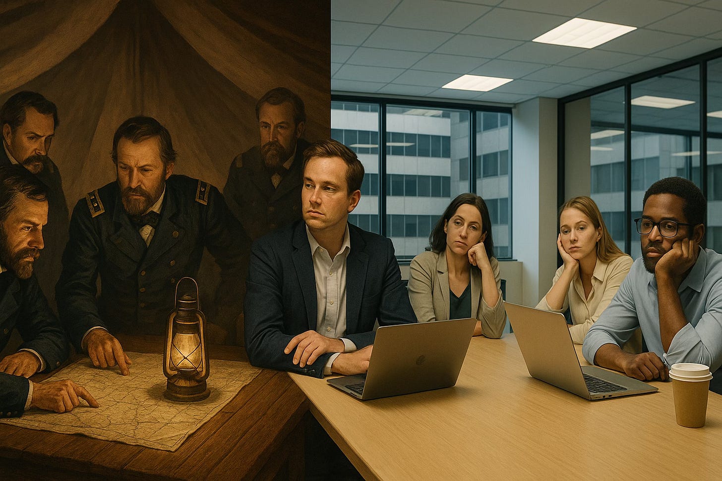 Split-screen illustration showing Civil War officers planning around a lantern-lit map in a war tent beside modern office workers sitting bored around a conference table with laptops, highlighting the contrast between urgent strategy and bureaucratic meetings. Split-screen illustration showing Civil War officers planning around a lantern-lit map in a war tent beside modern office workers sitting bored around a conference table with laptops, highlighting the contrast between urgent strategy and bureaucratic meetings.