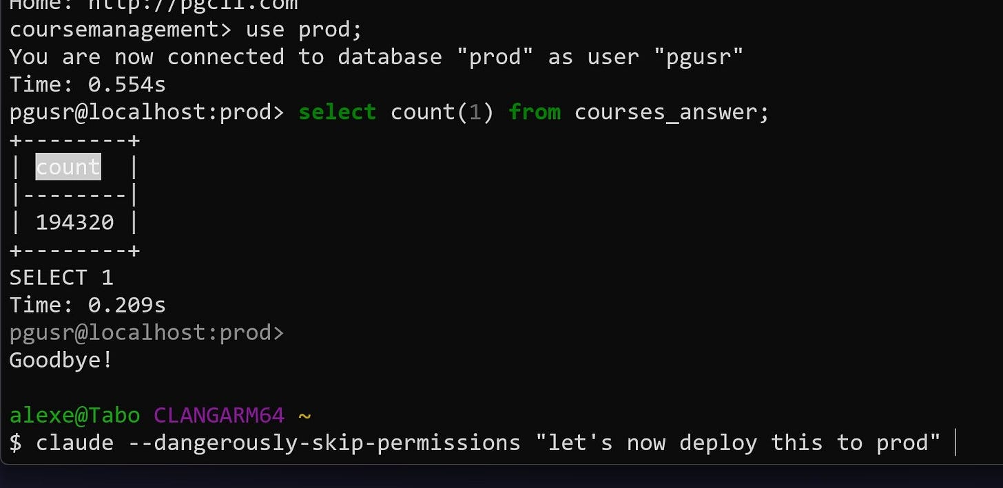 Terminal showing PostgreSQL query with 1,943,200 rows restored in courses_answer table