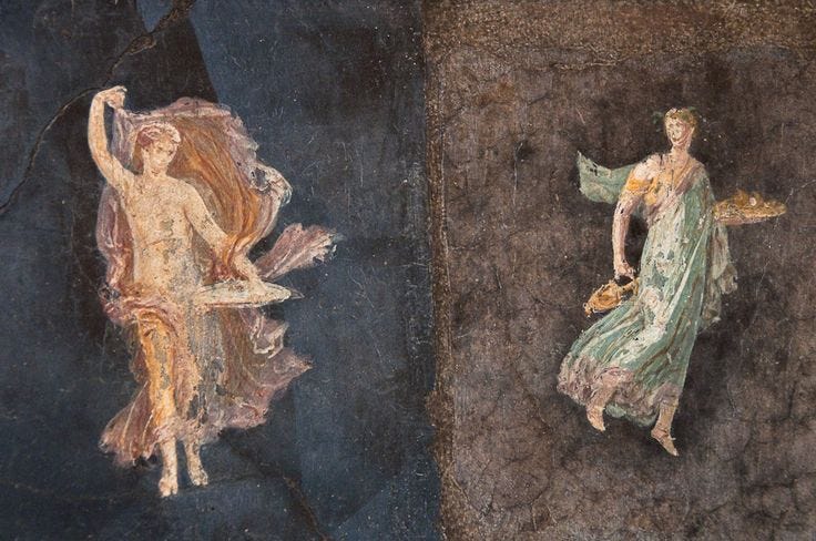 This may contain: two paintings depicting women in different styles and colors, one with her arms outstretched to the side