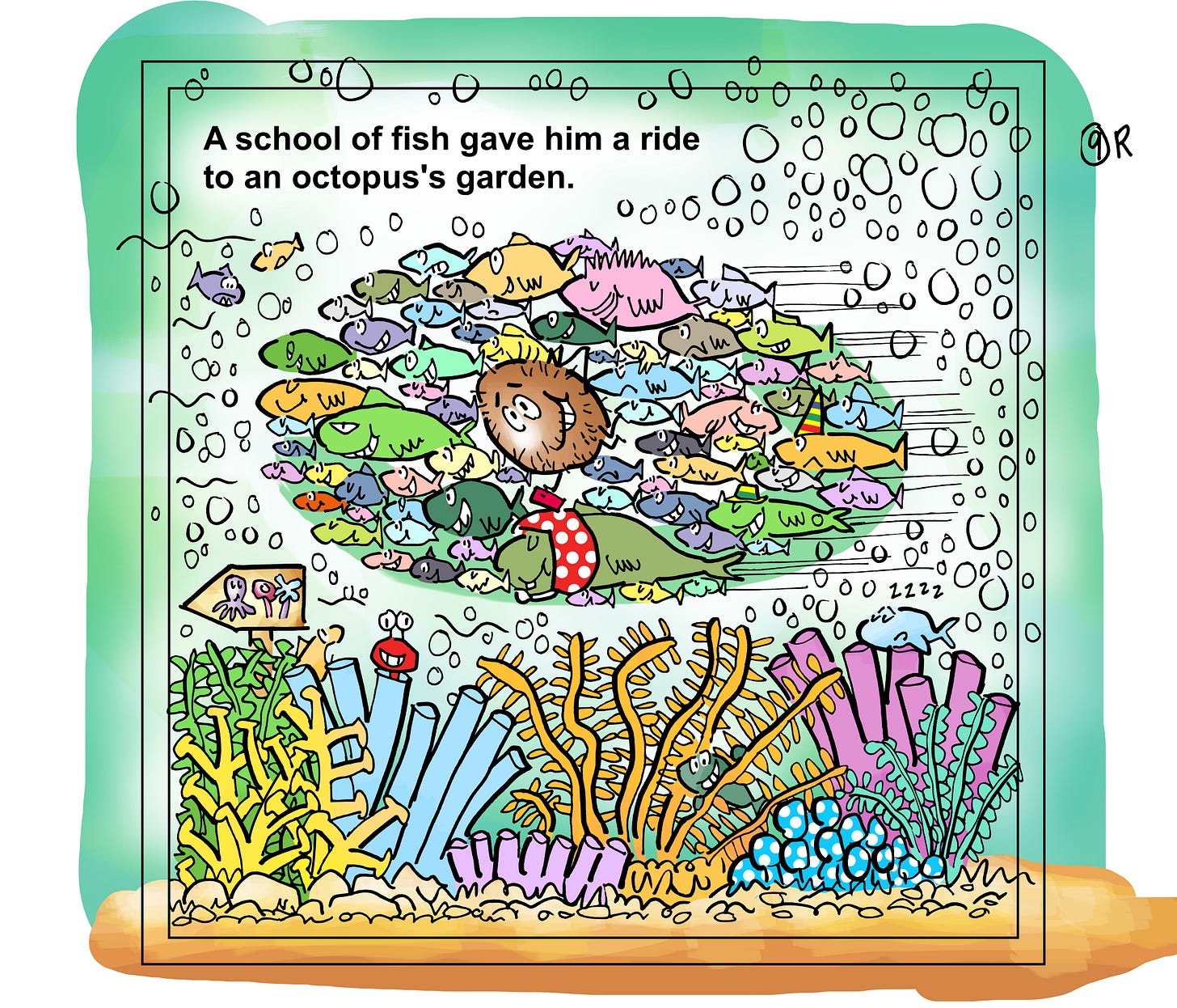 Interior page of children's book Fred the Coconut, written and drawn by illustrator Mark Armstrong. Title character is being carried along underwater by a school of fish. Lots of coral and plant life growing on ocean floor.
