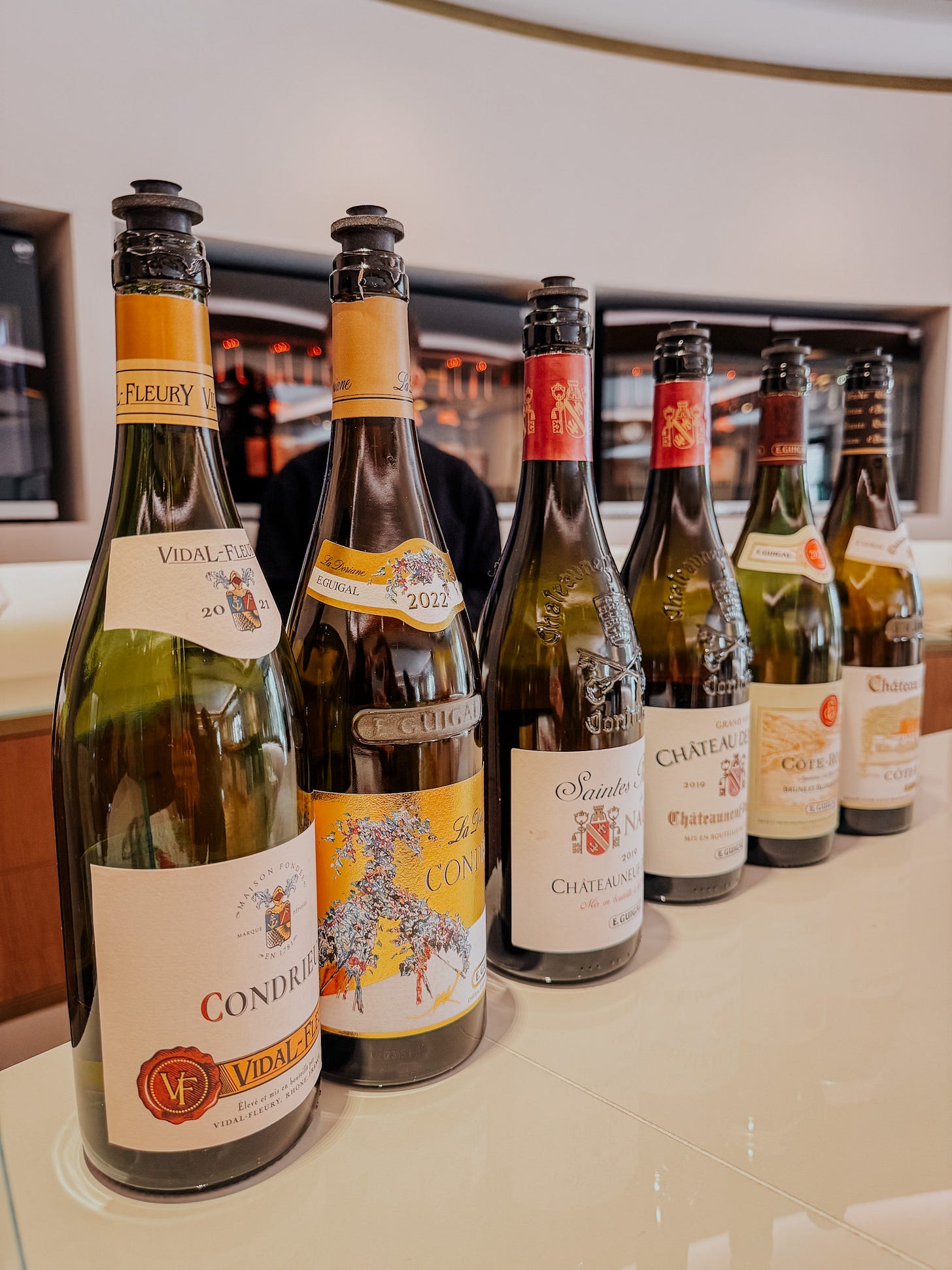 Bottles from a tasting at E.guigal in the Rhone