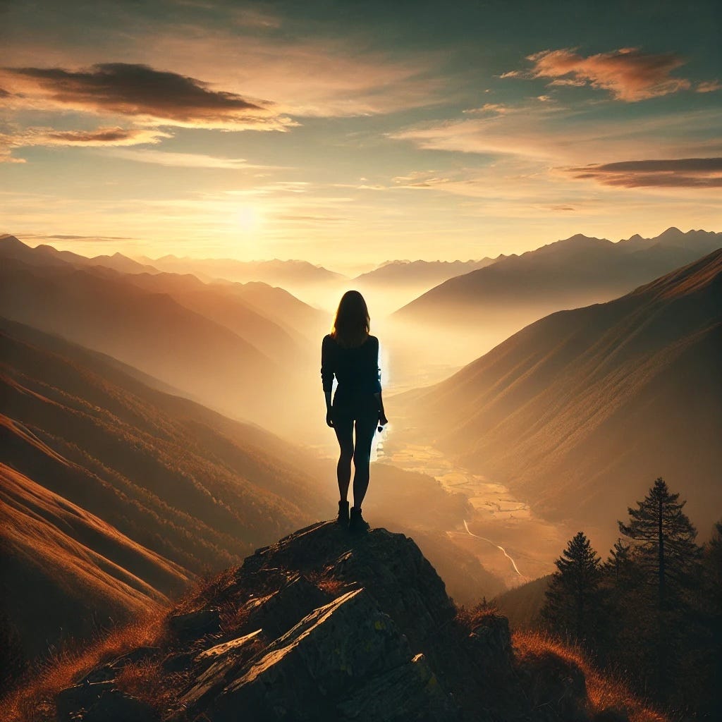 An inspirational image of a person standing on a mountain ridge at sunrise, looking out over a vast, peaceful valley.