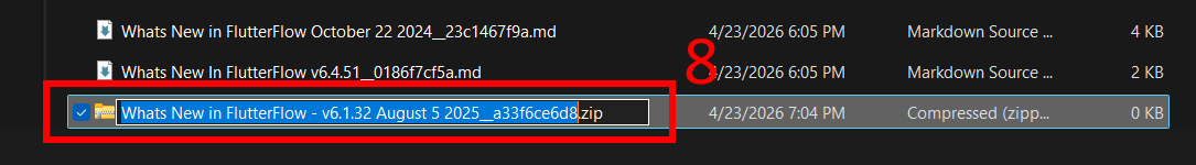 Screenshot of Windows File Explorer showing the bottom of the topics folder file list, with red annotation 8 highlighting a newly created ZIP file named "Whats New in FlutterFlow - v6.1.32 August 5 2025__a33f6ce6d8.zip" at 0 KB. The file name is selected and editable, allowing the user to rename it if desired.