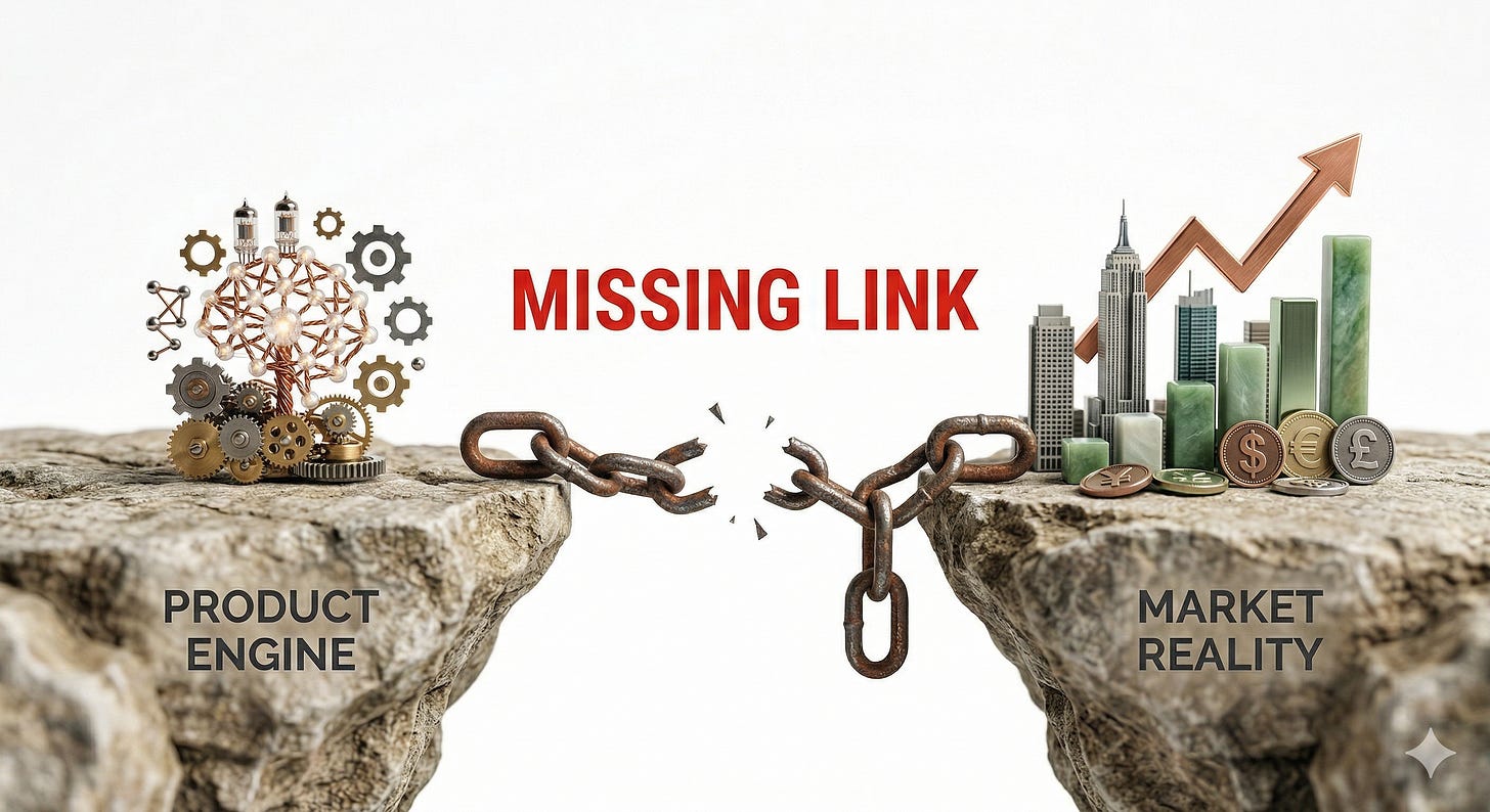 A conceptual image of two rocky cliffs labeled "Product Engine" and "Market Reality" separated by a broken iron chain with the words "Missing Link" in red.