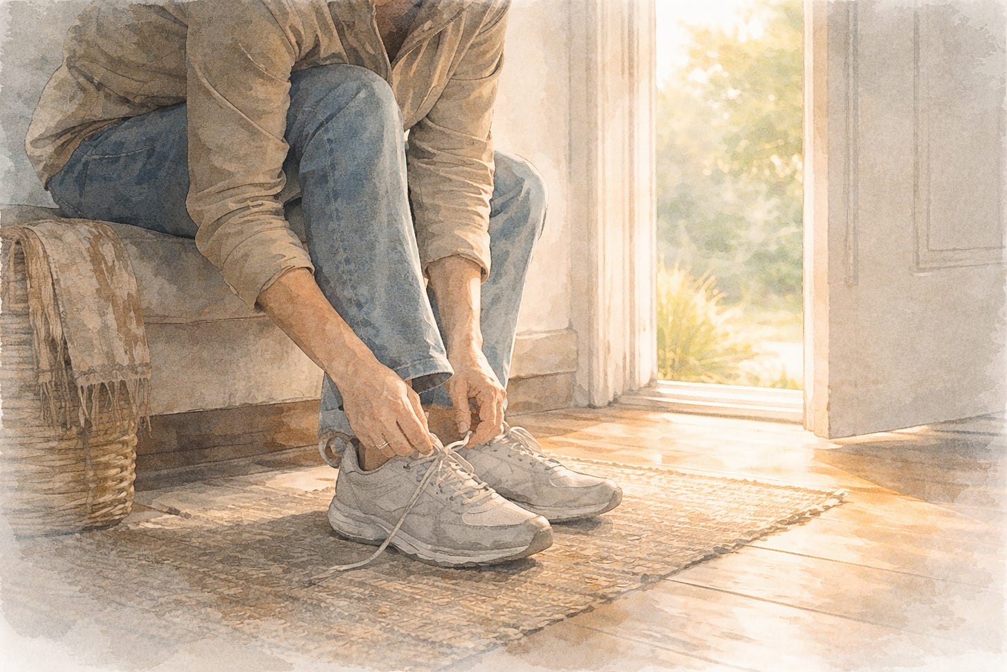 Person tying their walking shoes by an open doorway in soft morning light, symbolizing a small act of self-love and choosing to care for oneself.