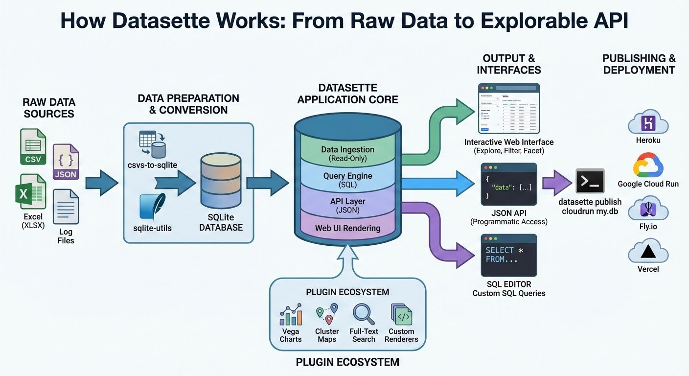 Described by Gemini 3 Pro: A technical architecture diagram titled "How Datasette Works: From Raw Data to Explorable API," illustrating a workflow from left to right. 1. "RAW DATA SOURCES" include "CSV", "JSON", "Excel (XLSX)", and "Log Files". 2. These flow into "DATA PREPARATION & CONVERSION" using tools "csvs-to-sqlite" and "sqlite-utils" to create a "SQLite DATABASE". 3. This feeds into the central "DATASETTE APPLICATION CORE," a stack comprising "Data Ingestion (Read-Only)", "Query Engine (SQL)", "API Layer (JSON)", and "Web UI Rendering". 4. A "PLUGIN ECOSYSTEM" connects below the core, listing "Vega Charts", "Cluster Maps", "Full-Text Search", and "Custom Renderers". 5. To the right, the core branches into "OUTPUT & INTERFACES": an "Interactive Web Interface (Explore, Filter, Facet)", a "JSON API (Programmatic Access)" showing a snippet {"data": [...]}, and a "SQL EDITOR Custom SQL Queries" showing SELECT * FROM.... 6. The API output connects to "PUBLISHING & DEPLOYMENT" via a terminal command datasette publish cloudrun my.db leading to deployment targets "Heroku", "Google Cloud Run", "Fly.io", and "Vercel".