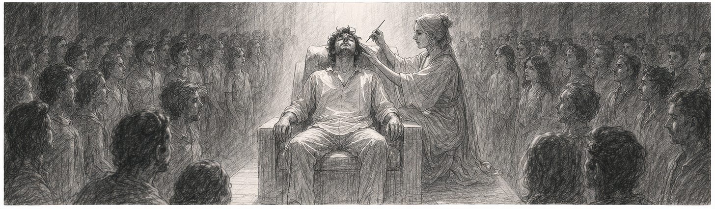 Bleistiftzeichnung: Ein Mann sitzt mit geschlossenen Augen auf einem Thron, während eine Frau ihm etwas an die Schläfe hält. Umgeben von einer schweigenden Menschenmenge.