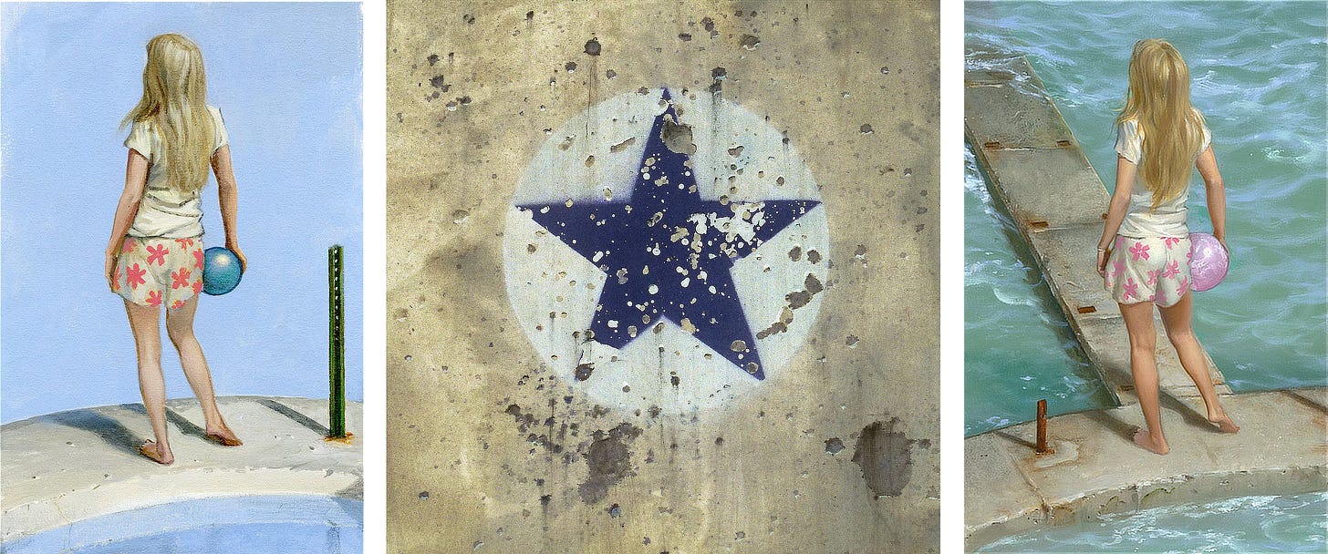 LEFT: Figure study for SEAWALL featuring a girl in white shirt and shorts patterned with 5-pointed pink blossoms. She holds a blue rubber ball at her hip. The broken base of a street sign juts out of the concrete.  CENTER: FADED STAR (1977), Acrylic on Watercolor Board - 6" x 6”. A 5-pointed star is painted in blue bound in a circle of white on a concrete wall. The stone is pitted and pocked with age. Similarly the paint ages and peels but persists.  RIGHT: Detail from SEAWALL featuring a girl with long blonde hair staring down a causeway that descends into rippling ocean. She holds a rubber ball at her hip. The rubber surface shines with highlights on marbleized pink cast by light from behind.
