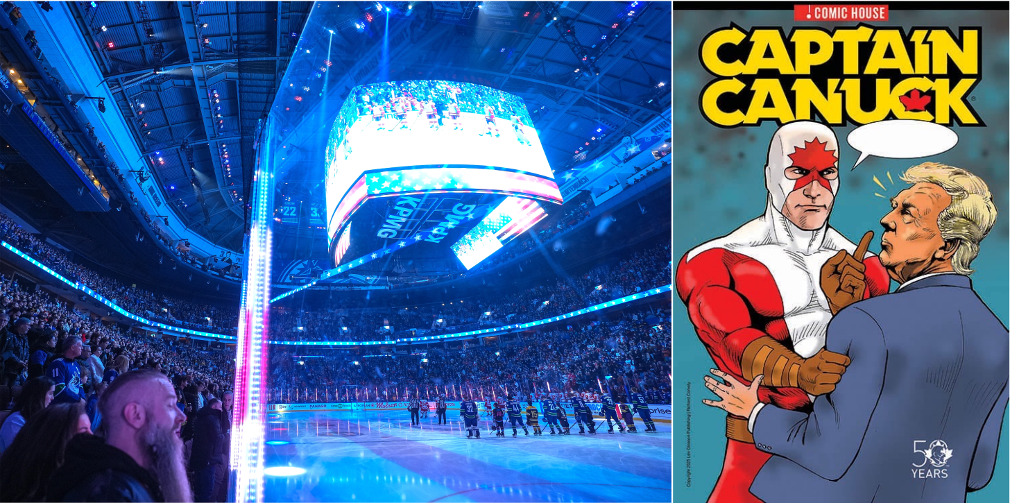 Performative moralizing: Some Canadian fans’ open booing of the U.S. national anthem at sporting events (shown at left, February 2025 NHL game between the Vancouver Canucks and Detroit Red Wings) is a self-destructive display of anti-Americanism parading as true patriotism rooted in national achievement, the author argues. At right, a cartoon of Captain Canuck wagging a finger at U.S. President Donald Trump, displayed at Toronto Comicon, March 2025.