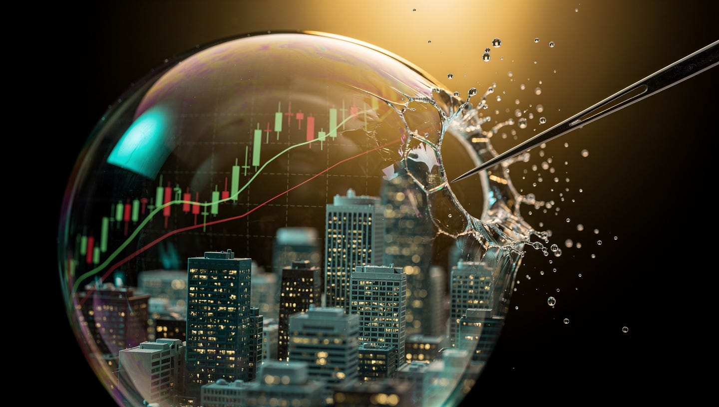 Cinematic macro photograph, a massive translucent soap bubble mid-burst, inside the bubble a miniature city skyline and stock market graphs are visible, a single sharp needle piercing the surface from outside, dramatic frozen moment of rupture, water droplets suspended in air, dark dramatic background with golden backlight, shallow depth of field, photorealistic, editorial magazine style, teal and amber tones, no text, no watermarks, 16:9