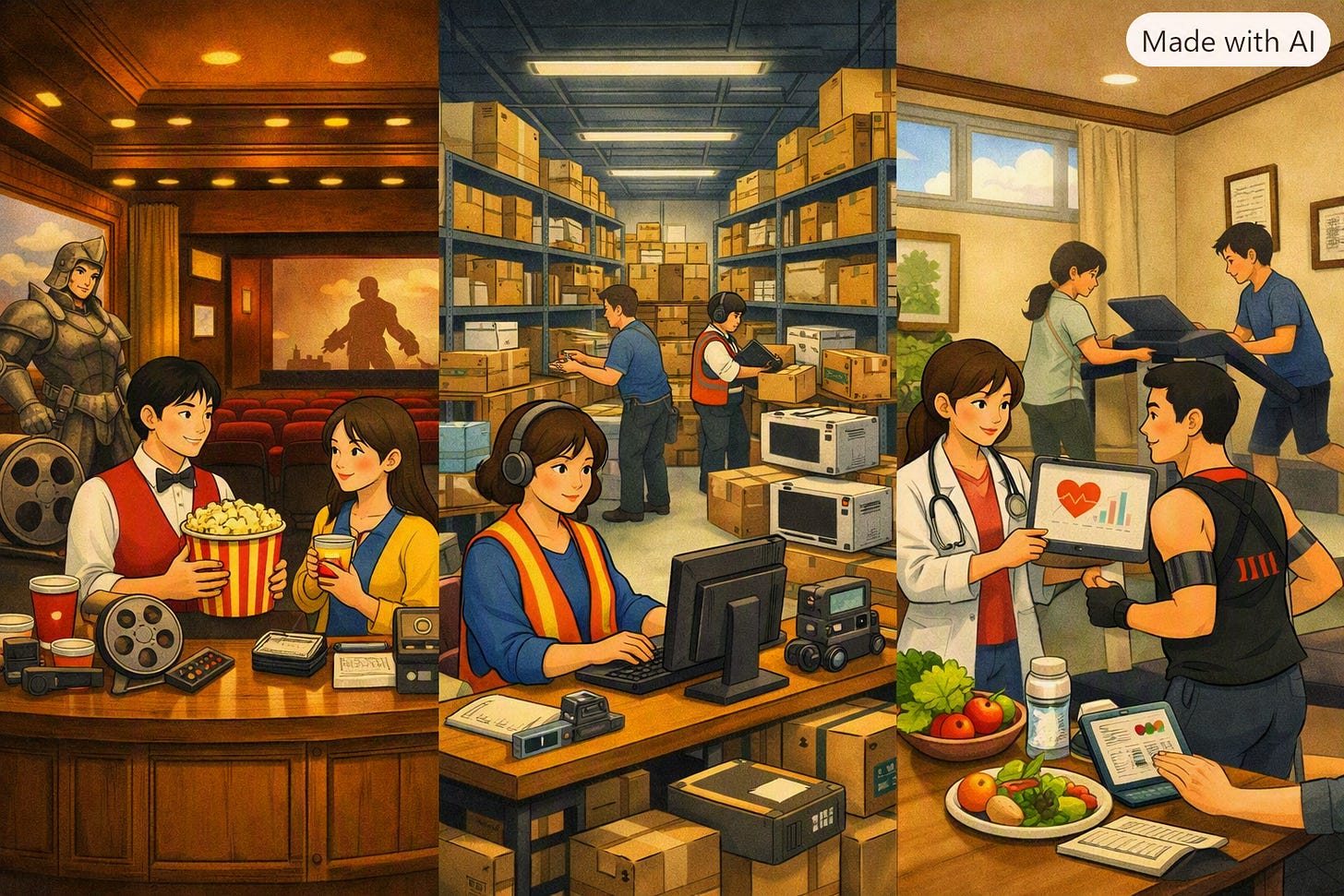 Studio Ghibli-style illustration inspired by cinema, circular economy, and health innovation without signage Studio Ghibli-style illustration inspired by cinema, circular economy, and health innovation without signage