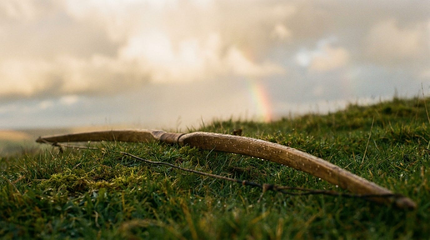 A close view of a rain-beaded archer's bow laid down and unstrung on wet grass under a clearing sky, faint rainbow light in the background, warm dawn colour, no faces, no text A close view of a rain-beaded archer's bow laid down and unstrung on wet grass under a clearing sky, faint rainbow light in the background, warm dawn colour, no faces, no text