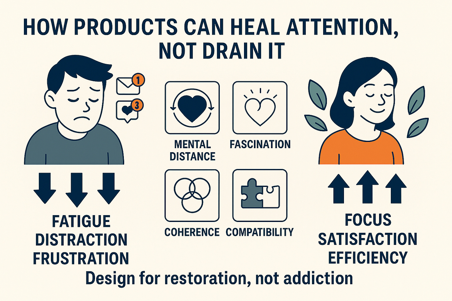 Infographic illustrating Attention Restoration Theory in UX with contrasting tired and calm user states and four restorative design pillars.