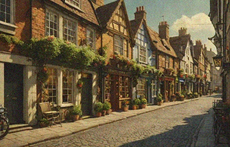 AN AI generated illustration of a typically English high street with cobblestones and Tudor buildings in the sunshine