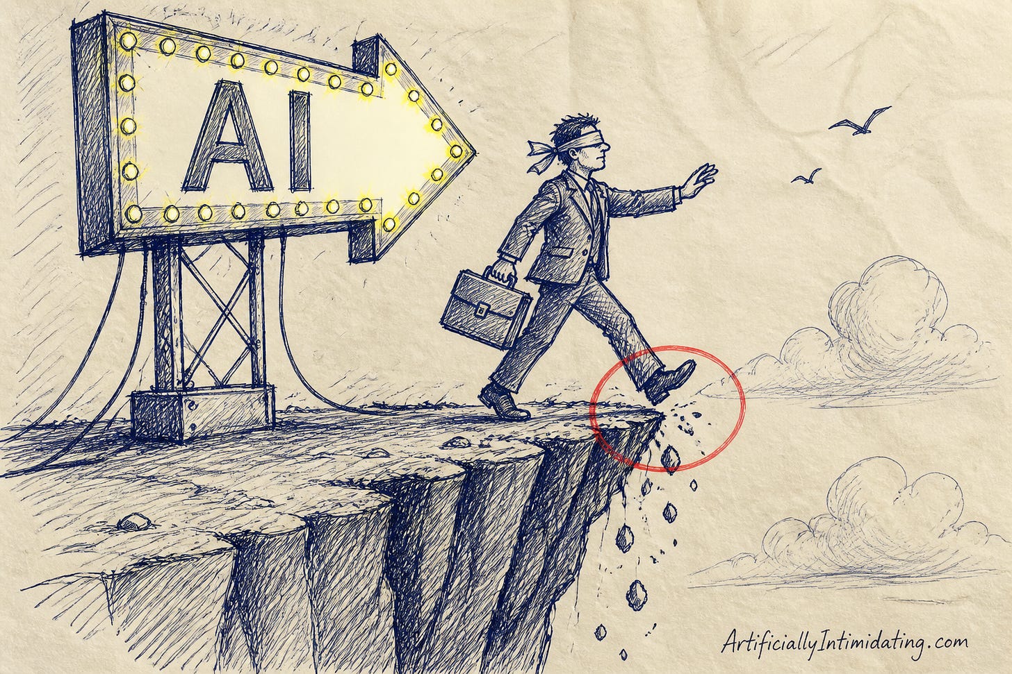 Editorial cartoon: a blindfolded businessman with a briefcase strides confidently off a crumbling cliff edge, following a giant glowing illuminated arrow sign labeled AI that points into empty sky. Editorial cartoon: a blindfolded businessman with a briefcase strides confidently off a crumbling cliff edge, following a giant glowing illuminated arrow sign labeled AI that points into empty sky.