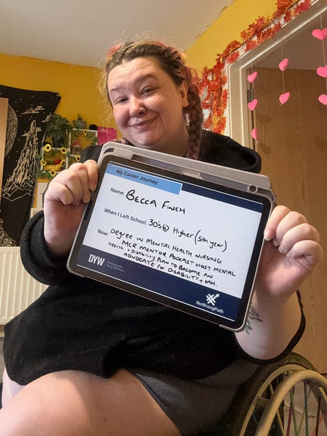 photo 1: A person seated in a wheelchair, smiling and holding up an iPad showing their career journey. They’re in a cosy room with yellow walls, autumn leaf decorations, and plants in the background.  photo 2: A mirror selfie in a hotel room. The person is wearing a bright orange jumpsuit with chain accessories, long orange hair, and giving a peace sign while seated in a wheelchair.  photo 3: A person sitting on a bed wearing a striped dress and a decorative tiara, smiling warmly. The room has colourful bedding, wall hangings, and soft string lights.  photo 4: A person in a wheelchair reaching through a fence to pet a Highland cow in a field. The scene is outdoors with fallen autumn leaves and trees with golden foliage.  photo 5: A mirror selfie taken in an accessible bathroom. The person is wearing sunflower-patterned clothing and a bright yellow top, smiling while seated in a wheelchair.
