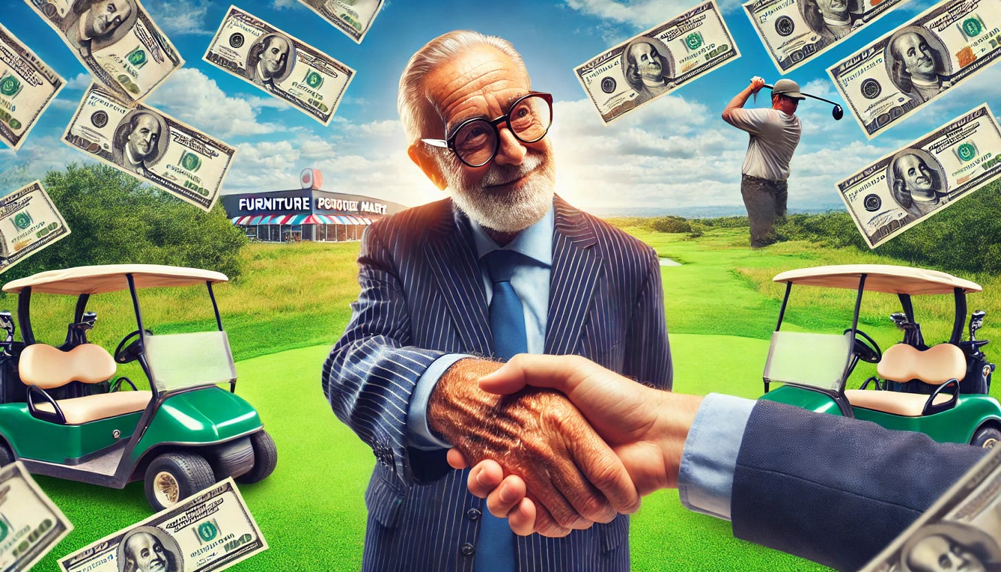 An old man on a golf course making a deal with someone else. The old man has glasses, greying hair that's slightly balding, low cheekbones, and is slightly overweight. He is wearing a suit and has no beard. The golf course is lush and green with a clear sky. The image is zoomed out to feature a bunch of companies in the background, such as fast food chains and furniture marts. There is money scattered everywhere around them. The man is shaking hands with another person, sealing the deal.