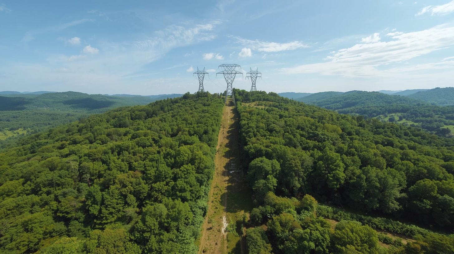 AI generated image of a hill with trees and a fire break, plus electrical transmission towers in the center