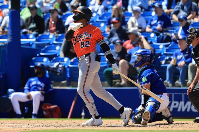 Baltimore Orioles second baseman Jeremiah Jackson hitting a home run against the Toronto Blue Jays.